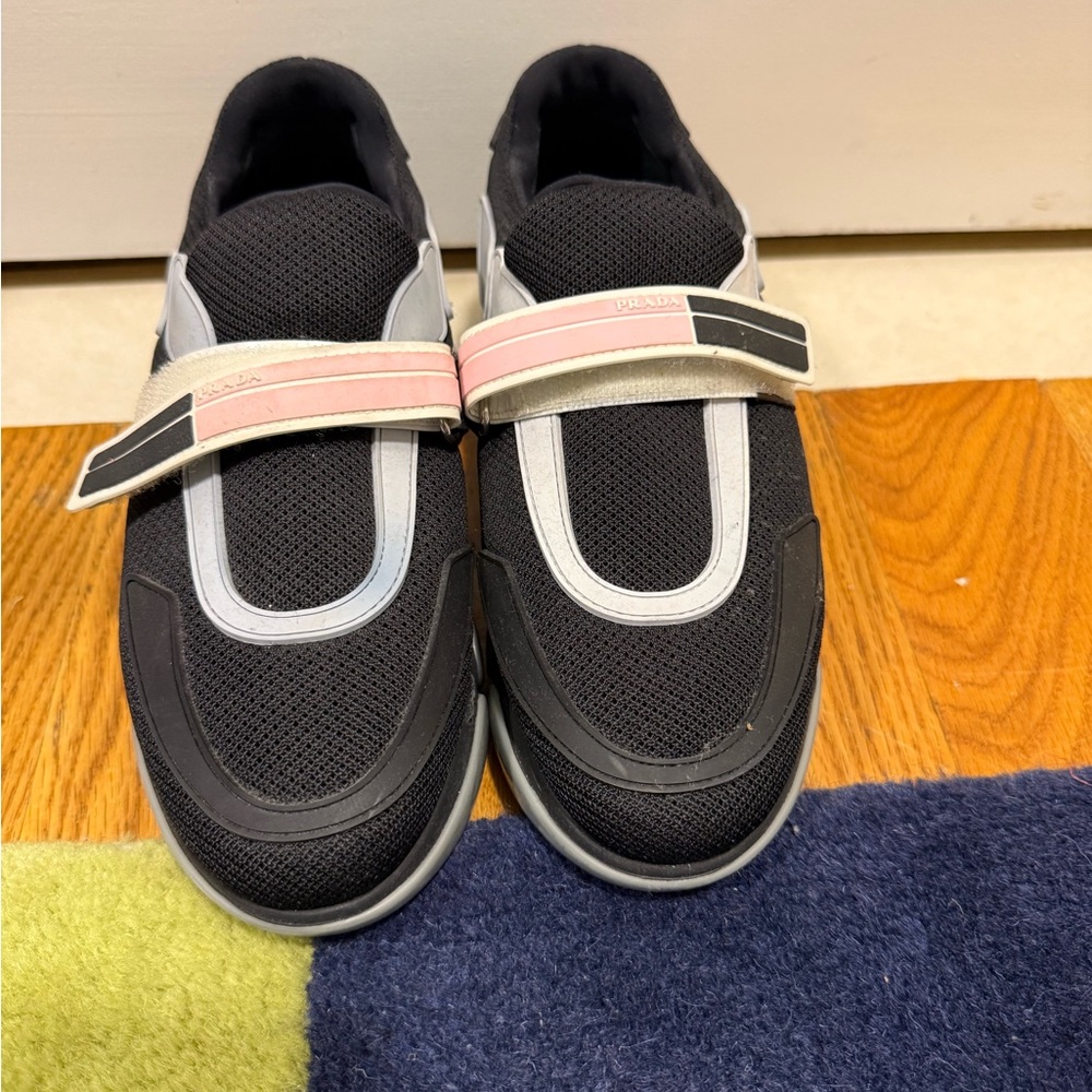 Prada Stylish Black Shoes with Pink and Gray Accents